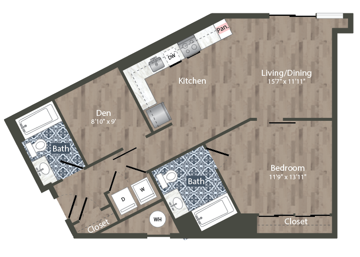 Floor plan for 1 bed, 2 baths, 858 sqft